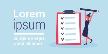 kalem denetim listesi çözüm soru formu onay onay işareti strateji yaratıcı süreç yatay kadın karikatür karakter kopya alanı planlama holding iş kadını