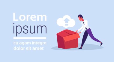 işadamı iterek kağıt kutusu online bulut indirmek eşitleme kavramı yatay mavi arka plan kopya alanı