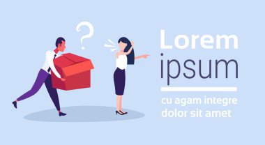 kadın patron kavga iş çatışma kutu soru işareti anlaşmazlık kavramı yatay kopya alanı çizgi film karakteri tutan adam çalışan bağırarak