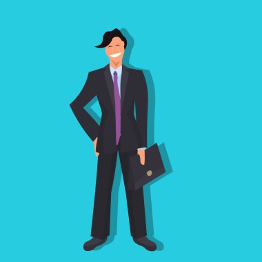 Bavul başarılı takım lideri kavramı erkek çizgi film karakteri tam uzunlukta düz mavi arka plan tutan işadamı