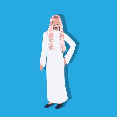 El cep giyen geleneksel giysiler Arap işadamı erkek çizgi film karakter avatar mavi arka plan tam uzunlukta düz tutarak Arapça iş adam simgesi