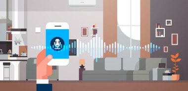 Elini tut telefon app akıllı ses kişisel asistan tanıma oturma odası iç arka plan ses dalgaları teknoloji kavramı akıllı AI yatay düz