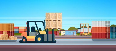 forklift loader pallet stacker truck equipment warehouse international delivery concept flat horizontal banner clipart