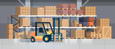 Forklift yükleyici palet istifleyici kamyon ekipman depo iç arka plan raf Uluslararası teslim kavramı kutu düz yatay
