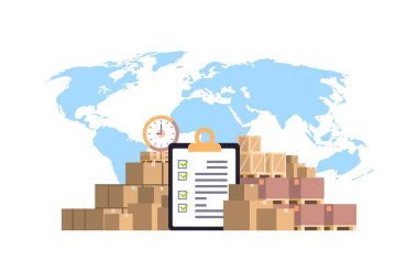 tamamlanmış denetim listesi Pano parsel paketleri kağıt mavi dünya harita arka plan Uluslararası teslim endüstriyel kavramı kutu düz yatay