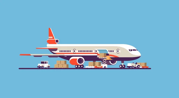 Transporte avião aeronaves entrega expressa preparando voo aeroporto carga internacional conceito de transporte empilhadeira carga caixas pacote azul fundo plano horizontal — Vetor de Stock