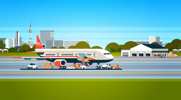 Transporte avión entrega express preparación vuelo avión aeropuerto carga aérea concepto de transporte internacional montacargas carga paquetes planos horizontales — Vector de stock