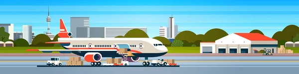 Transporte avião entrega expressa preparando aeronaves de voo aeroporto carga aérea conceito de transporte internacional empilhadeira caixas de pacote de carga plana bandeira horizontal — Vetor de Stock