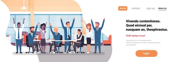 Cheerful business team sitting together people group successful teamwork concept man woman raised hands modern office horizontal banner flat copy space — Stock Vector