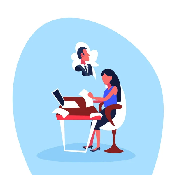 Betört Geschäftsfrau sitzen Büro Arbeitsplatz denken Mann Traum Arbeitsprozess Konzept Cartoon Charakter isoliert volle Länge flach — Stockvektor
