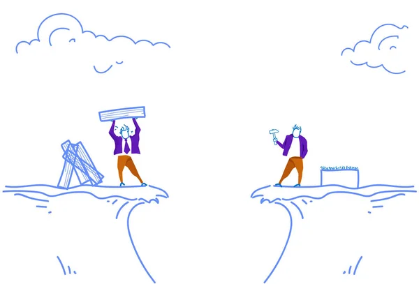 Dva podnikatelé kladivo zalepit nehty rady stavební koncepce mezi horské propasti obchodní problém řešení horizontální skica doodle — Stockový vektor