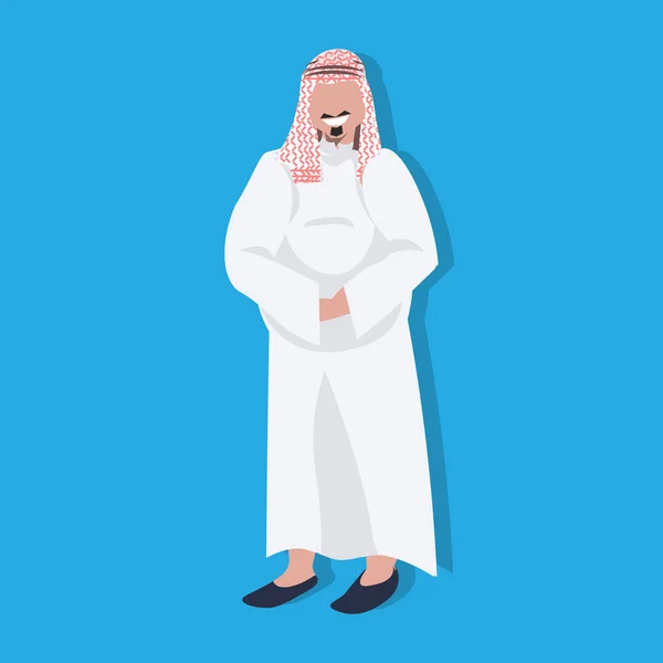 Arabe épais homme d'affaires icône portant des vêtements traditionnels homme d'affaires arabe personnage de dessin animé avatar fond bleu pleine longueur plat — Image vectorielle