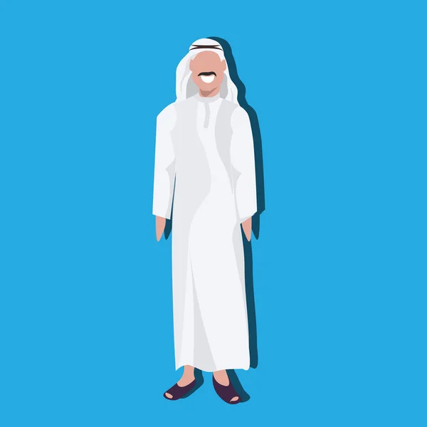 Arabe homme d'affaires icône portant des vêtements traditionnels arabe homme d'affaires personnage de dessin animé avatar fond bleu plat — Image vectorielle