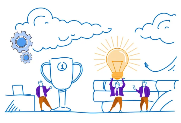 Empresário segurar luz lâmpada vencedor primeiro lugar troféu copo sucesso conceito inovação vitória estratégia equipe de trabalho esboço doodle horizontal —  Vetores de Stock