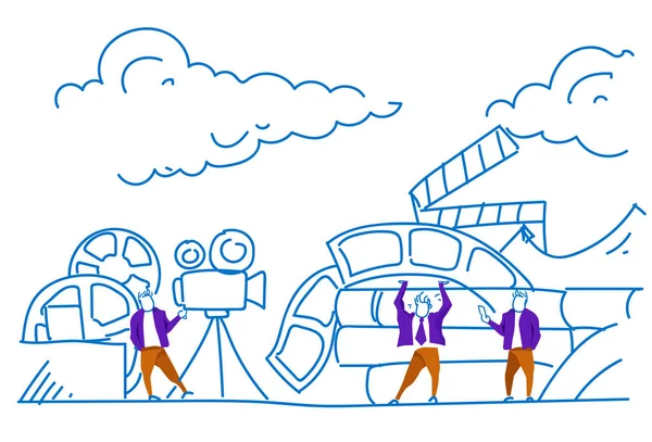 Biznesmeni film proces tworzenia filmu wideo produkcji kinematografii koncepcja ludzie pracowici proces podejmowania szkic doodle poziome — Wektor stockowy