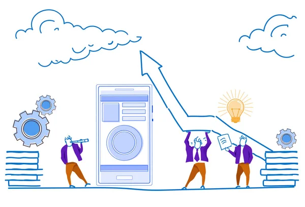 Empresários segurando seta para cima aplicativo móvel consultor financeiro on-line conceito de análise de negócios pessoas processo de trabalho esboço horizontal doodle —  Vetores de Stock