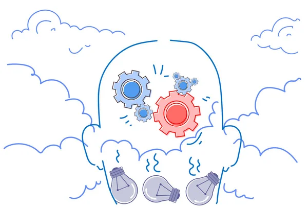 Ανθρώπινο κεφάλι σιλουέτα οδοντωτούς τροχούς brainstorming διαδικασία παράγει νέα ιδέα φως λαμπτήρα έννοια οριζόντια σκίτσο doodle — Διανυσματικό Αρχείο