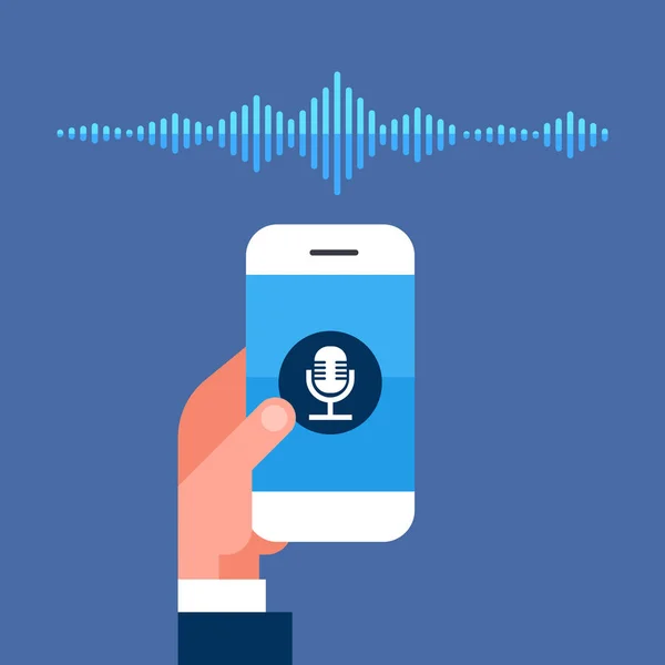 Hand houden telefoon app intelligente stem persoonlijke assistent erkenning geluidsgolven technologie concept smart ai kunstmatige intelligentie spreker plat — Stockvector