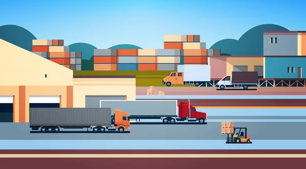 Складський промисловий контейнер напівпричіп завантаження вантажів зовнішня міжнародна концепція доставки плоский горизонтальний — стоковий вектор