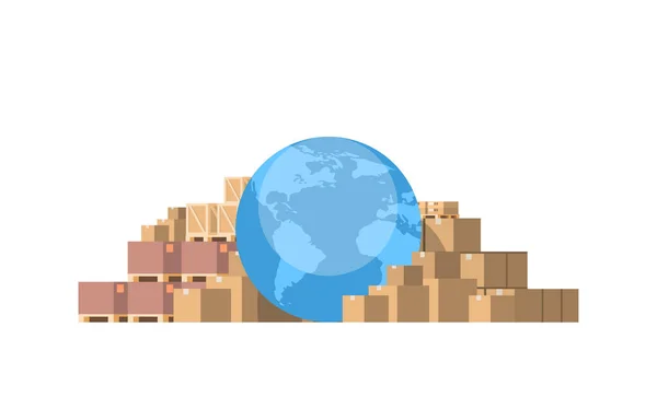 Globus mapa del mundo paquetes paquete caja de papel aislado fondo blanco entrega internacional concepto industrial plano horizontal — Vector de stock