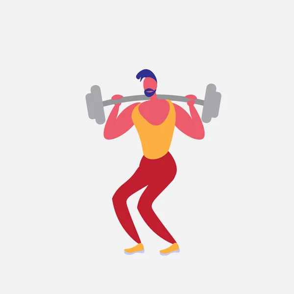 Deportista atleta haciendo sentadilla barra fuerte gimnasio fitness masculino personaje de dibujos animados estilo de vida saludable concepto aislado longitud completa plana — Vector de stock