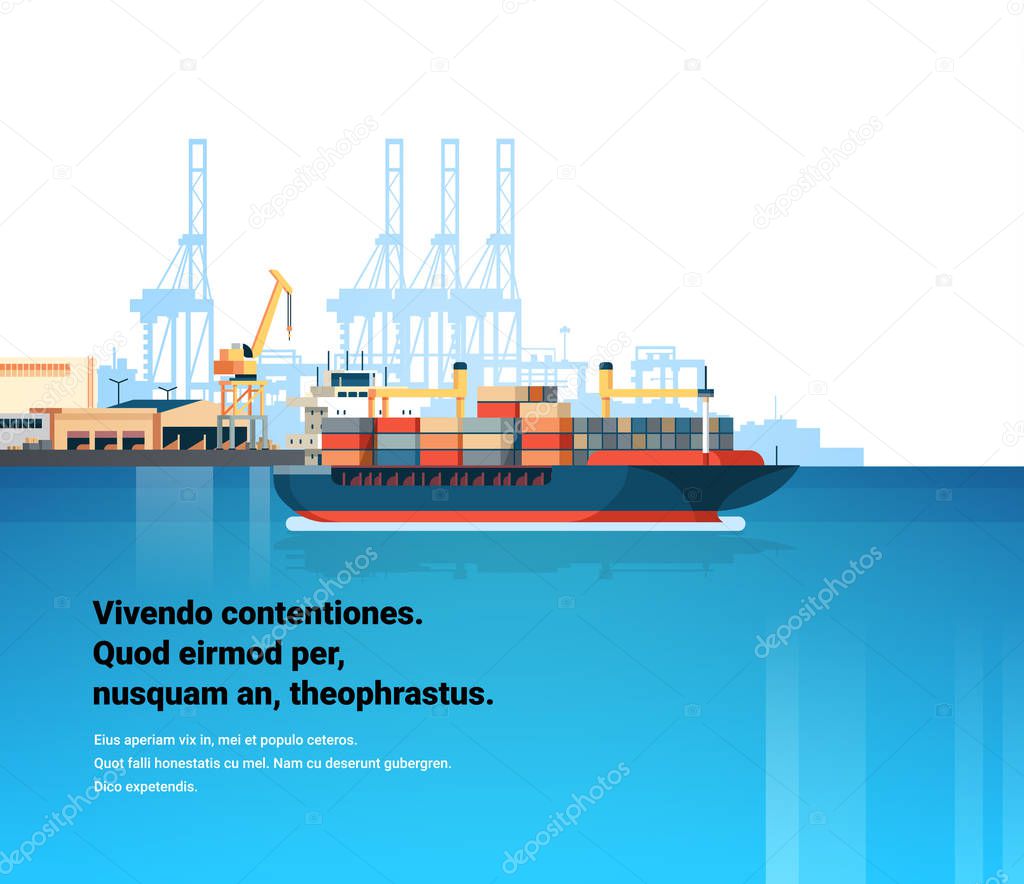 Industrial sea port cargo logistics container freight ship import export crane water delivery transportation concept shipping dock flat copy space