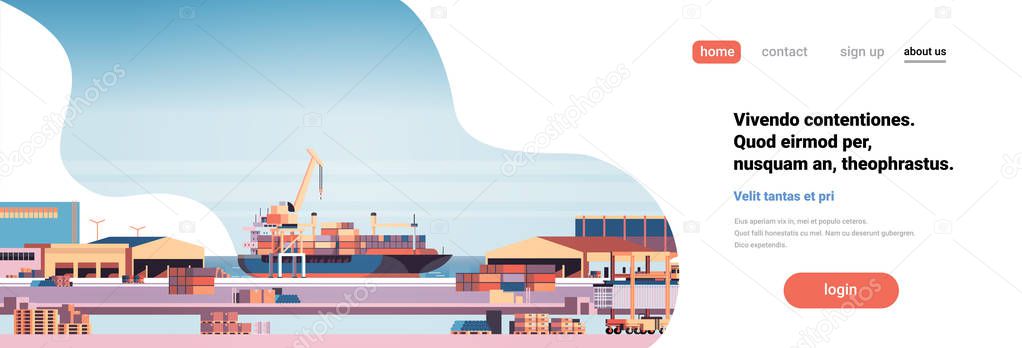 Industrial sea port cargo logistics container import export freight ship crane water delivery transportation concept shipping dock flat horizontal banner