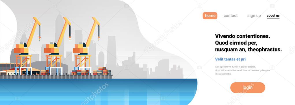 Industrial sea port cargo logistics container import export crane water delivery transportation concept shipping dock flat horizontal banner copy space
