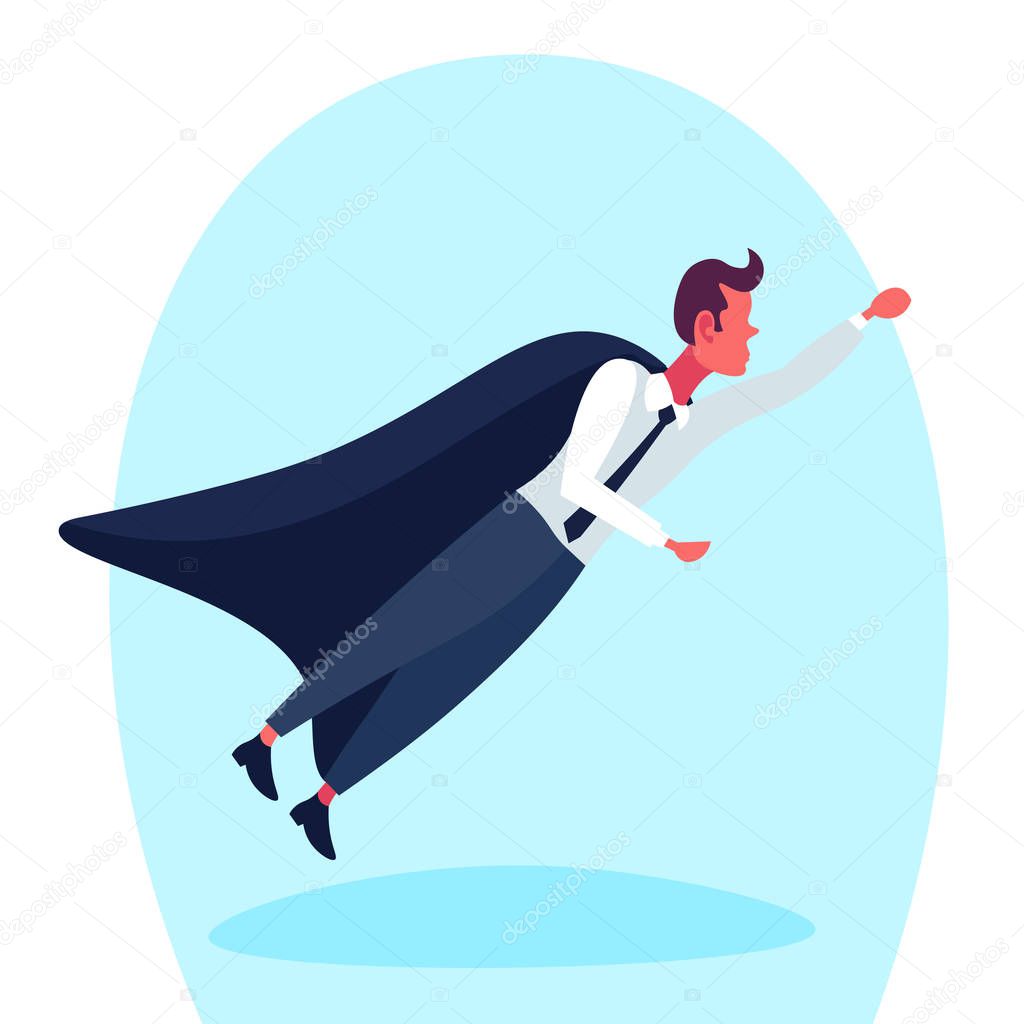 businessman dressed superhero black cloak flying up startup concept cartoon character isolated full length flat horizontal