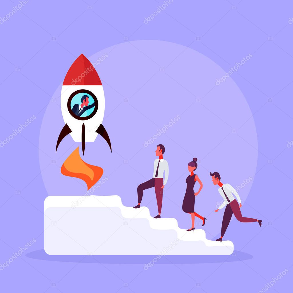 businessman flying in launching rocket top ladder podium business team climbing teamwork startup concept cartoon character violet background full length flat