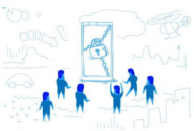 iş insanlar mobil veritabanı güvenlik asma kilit kavram adamları smartphone gizlilik veri koruma kroki doodle yatay grup