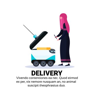 Arap kadın kendini sürücü hızlı kutusu robot yükleme robot şehir otomobili teslim mal taşımak izole kavramı kopya alanı düz