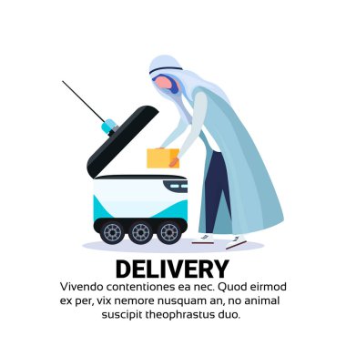Arap adam kendini sürücü hızlı kutusu robot yükleme robot şehir otomobili teslim mal taşımak izole kavramı kopya alanı düz