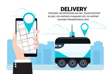 kendini sürücü mobil app robot hızlı teslim ürünler navigasyon harita uygulama şehir araba robot taşıma kavramı cityscape arka plan kopya alanı düz vektör çizim