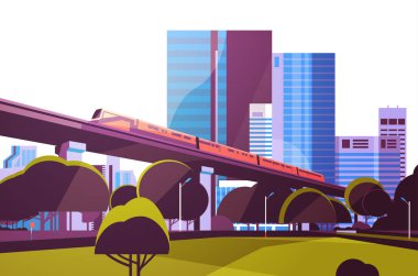 Metro Monoray city gökdelen görünümü cityscape arka plan manzarası düz yatay vektör çizim üzerinde