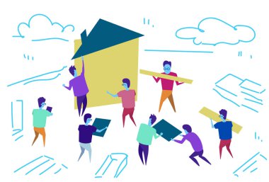 insanlar grup inşaat ev işçileri ekip oluşturma işlemi ekip çalışması kavramı yatay kroki doodle