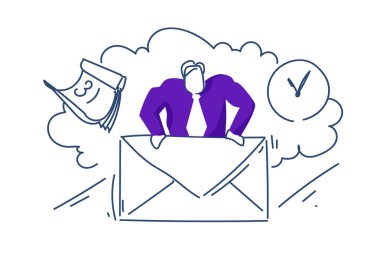 işadamı zarf sohbet mesaj kavramı posta Takvim Saat iletişim adam renkli siluet kroki doodle yatay tutun