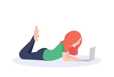 izole poz meçhul profil siluet kadın karikatür karakter tam uzunlukta düz yalan dizüstü kullanan Kızıl saçlı kadın