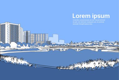 nehir cityscape mavi arka plan şehir binaları manzara görünümü yatay kopya alanı üzerinde taş köprü