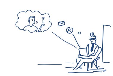 poz çevrimiçi iletişim kavramı sohbet messenger uygulama kroki doodle yatay oturan dizüstü kullanan adam