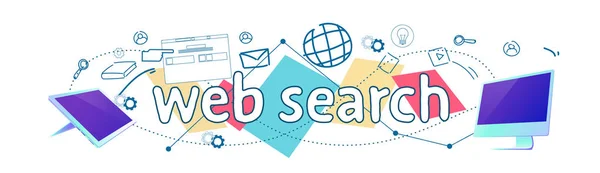 SEO web μηχανή αναζήτησης ψάχνει σε απευθείας σύνδεση ξεφυλλίσματος έννοια οριζόντια banner σκίτσο doodle — Διανυσματικό Αρχείο