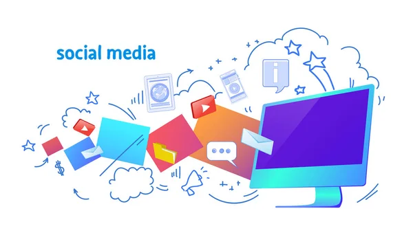 Cloudové úložiště sociální média synchronizace online počítačové aplikace sítě komunikace skica doodle vodorovně — Stockový vektor