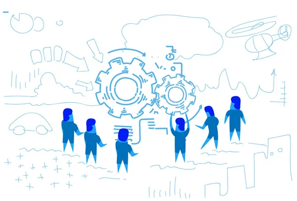 Lidi kolem ozubené kolo zpracování mechanismus zpracování týmovou spolupráci brainstorming strategie koncepce horizontální skica doodle — Stockový vektor