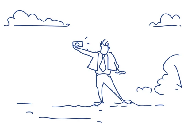 Empresário falando selfie foto retrato vídeo chamada conceito homem silhueta horizontal esboço doodle — Vetor de Stock