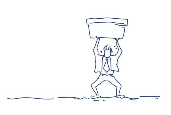 Biznesmen, trzymając basenu wody równowagi koncepcja człowieka sylwetka twardy pracy proces poziome szkic doodle — Wektor stockowy