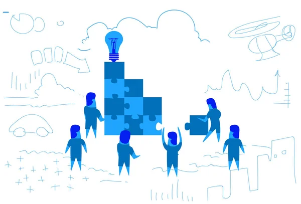 Affärsmän som lösa pussel att göra trappor idé lampa ikonen top konceptet lagarbete brainstorming innovationsstrategi framgång horisontell skiss doodle — Stock vektor