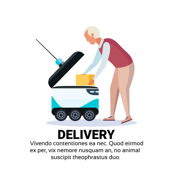 Vecchio uomo carico scatola robot self drive consegna veloce merci in città auto robot trasportare concetto isolato copia spazio piatto — Vettoriale Stock