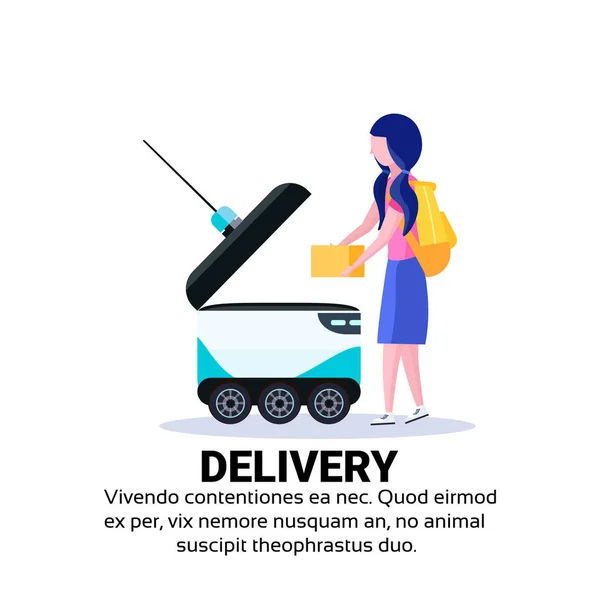 Ragazza carico scatola robot self drive consegna veloce merci in città auto robot trasportare concetto isolato copia spazio piatto — Vettoriale Stock