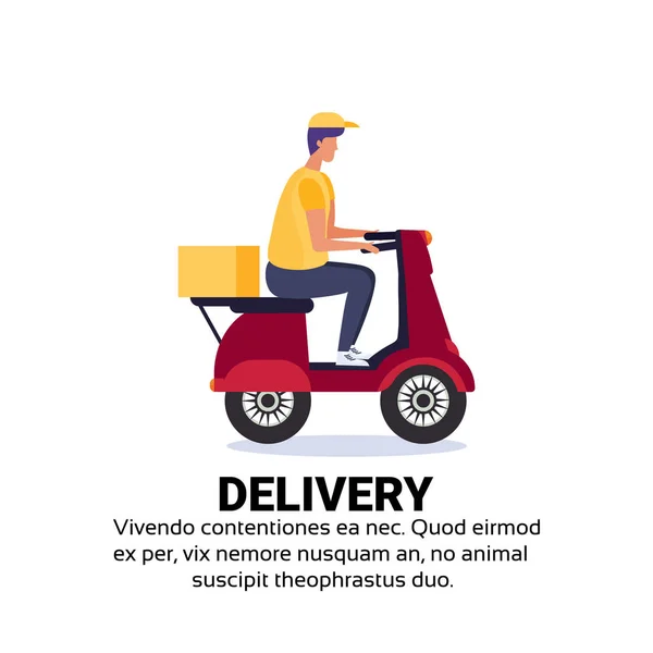 Springpojke rida scooter box koncept snabbt gratis transport motorcykel isolerade kopia utrymme platta — Stock vektor