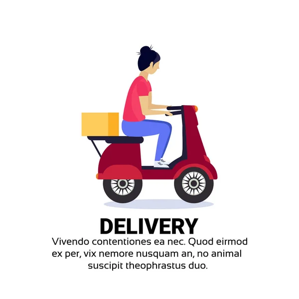 Asiatiska leverans kvinna ride scooter box koncept snabbt gratis transport motorcykel isolerade kopia utrymme platta — Stock vektor
